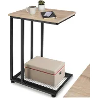 TecTake C-Vormige Bijzettafel van Hout en Metaal – Industrieel Design, Salontafel met Roosterplank, 48x35x66 cm, Zwart Metalen Frame – Licht Sonoma Eiken