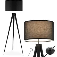 TecTake Vloerlamp - Staande lamp 3-poot - 158 cm hoog - Linnenlook kap - Voetschakelaar - Zwart