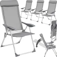 TecTake Set van 4 Tuinstoelen met Hoge Rugleuning - Aluminium - Klapstoel 5-voudig Verstelbaar met Armleuningen - Fauteuil met Ligfunctie - Tuinmeubelen voor Terras en Camping - Grijs
