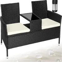 TecTake - wicker tuinbank met tafel, 2-zitsbank, 131 x 61 x 82 cm, bank voor tuinbalkon en terras, tuinbank inclusief zitkussen - zwart/beige - poly-rattan