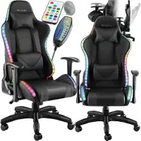 TecTake Gamingstoel met massagefunctie - Bureaustoel met LED-lichteffecten - Draaistoel voor gamers - Gamestoel - Draagvermogen tot 120kg - Zwart/Zwart