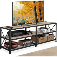 TecTake TV-meubel met open planken - 3 niveaus - Lowboard voor TV's tot 55 inch - Houten TV-dressoir - Industrieel design - Zwart metalen frame - Afmeting (LxBxH) 141 x 41,5 x 50,5 cm - Lichtbruin