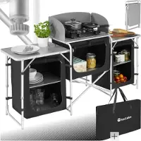 TecTake - Campingkeuken 172x52x104cm - Opvouwbaar - Afsluitbare compartimenten - Stevige werkbladen - Incl. windscherm- zwart