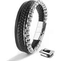 SERASAR | Leren armband voor heren [Hero] met dubbele roestvrijstalen en magnetische sluiting | Kleur: Zilver | Lengte: 20