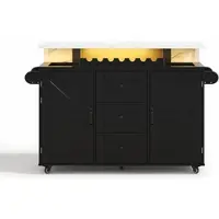 OKWISH Keukeneiland Op Wielen - Inklapbaar Werkblad Met Led Verlichting - Keukenwagen Met 2 Deuren 3 Lades - MDF Zwart - 138x60x93 Cm