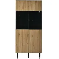 OKWISH Vitrinekast - Met Ledverlichting En 10 Vakken - 80 x 35 x 180 cm - 2 Deuren - MDF Zwart En Natuur