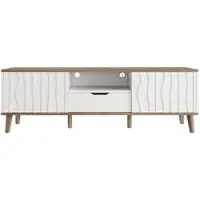 OKWISH Tv-Meubel – Met Verstelbare Led-Verlichting En Schuifdeuren – Voor Woonkamer – Wit Donker Walnoot – 160x40x52 Cm