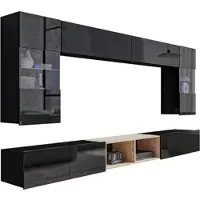 AX Living Wandmeubel voor de woonkamer, model Kossana 24 – 300cm, zwart/eikenhout met gouden accenten