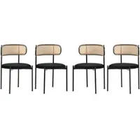 OKWISH Eetkamerstoel – Comfortabel Fluwelen Zitcomfort – Set van 4 – Fluweel – Modern – Zwart – met Rotan Rugleuning en Metalen Poten