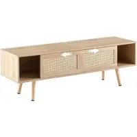 OKWISH TV Meubel Met Rattan Schuifdeuren En Verstelbare Planken Massief Houten Poten Naturel Hout Voor Woonkamer 140 X 40 X 46,5 Cm