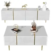 MODFU - Tv-Meubel En Salontafelset - Hoogglans Met Gouden Accenten - Modern - Voor Woonkamer - MDF - Wit