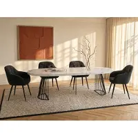 Vente-unique Uitschuifbare eettafel 2 tot 12 plaatsen van mdf en staal - Wit marmereffect en zwart - FIRELA
