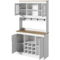 OKWISH Keukenbuffet – Met Glazen Deuren, Wijnrek En Haken – 106 x 39 x 175 cm – Veel Opbergruimte – Wit Naturel