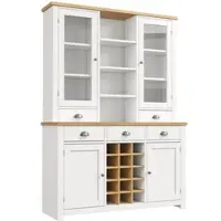 OKWISH Hoge Opbergkast - Glazen Deur, 5 Laden en Uitneembaar Wijnrek - Keuken/Woonkamer - MDF Wit - 120x40x185 cm