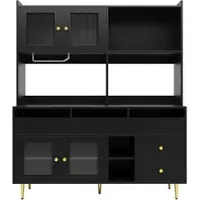 OKWISH Hoog Dressoir – Changhong Glasdeur – Ruime Opbergruimte Met Wijnglasrek En Meerdere Laden/Vakken – 145×39×171 cm – Moderne Stijl – MDF Metaal Zwart