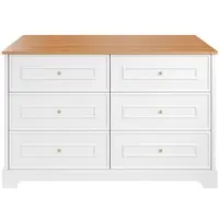 OKWISH Dressoir – 6 Lades – Schuurpatroon Met Gouden Knoppen – 120×40×76 cm – Opbergruimte Voor Woonkamer/Eetkamer/Hal – MDF Wit+Lichtbruin