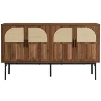 OKWISH Dressoir – Rattan En Walnootpatroon – 4 Deuren – Met Gedempte Scharnieren – 140×40×80 cm – MDF Natuur – Zwarte Stalen Poten – 60 kg Draagkracht