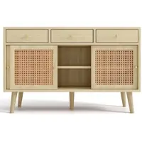 OKWISH Dressoir – 3 Lades – 3 Deuren – 120×40×78 cm – Opbergruimte 6 Vakken – Eikenlook MDF – Retro Elegant – Verstelbare Planken – Rattan Accenten