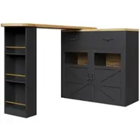 OKWISH Bartafel – Uitschuifbaar 138-204×39×104 cm – 360° Draaibaar – 1 Lade – 3-Vaks Zijderek – Modern Met Acryl Deuren En Aluminium Grepen – MDF Zwart
