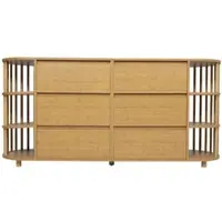 MODFU Opbergkast 160x40x75 cm van MDF en bamboe, eikenlook, met 6 laden en open planken