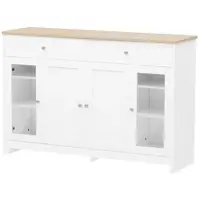 OKWISH Dressoir - 120 x 37 x 80 cm - 4 Deuren, 2 Lades en Glazen Deuren - Verstelbare Planken - Landelijke Stijl - MDF Wit Houtkleur