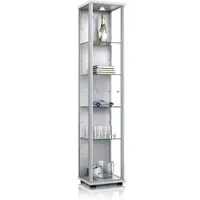 K-Möbel Vitrinekast met glas staand met 1 deur, 4 in hoogte verstelbare glasplanken - Vitrinekast met led verlichting - 176x37x33 cm - Zilverkleurig
