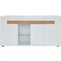 OKWISH Dressoir – 3 Deuren – 140×40×70 cm – App-Bediening LED-Verlichting – Hoogglans Fronten – Halfopen Glasvak – Spaanplaat Wit+Lichtbruin