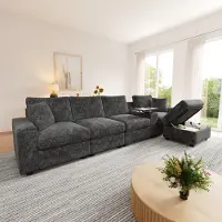 OKWISH Hoekbank 313 x 147 cm - Modulair Met Opbergruimte, Laadpoorten En Draaibare Tafel - Woonkamer - Chenille - Grijs