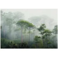 WALLARENA - Fotobehang - 300x210 cm - 3D bos met mist en groene bomen voor slaapkamer en woonkamer