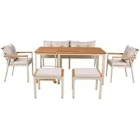 OKWISH Tuinset – 6-7-Persoons Eetset Met Afneembare Serveerwagen – Acaciahout En Metaal – Voor Terras En Tuin – Beige En Naturel