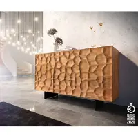 DELIFE Dressoir Solu 145 cm acacia natuur 2 deuren 3 laden onderstel zwevend metaal zwart 3D-front