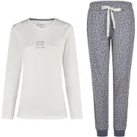 Louise Dames pyjama set lang v-hals off-white/donkerblauw gebloemd