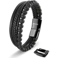 SERASAR Premium Echt Lederen Armband voor Heren [Stone] in Zwart | Natuursteen Kralen | 23cm | Roestvrijstalen Magnetische Sluiting | Inclusief Sieradendoos