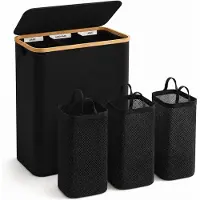 BOTC Wasmand 3 Vakken - Wassorteerder - 160L Capaciteit - Bamboe Wasmand met Deksel - 75*57*37cm - Zwart