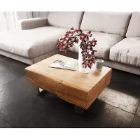DELIFE Salontafel New Live-Edge 80x60 cm acacia natuur 2 lades sledepoten geborsteld roestvrij staal