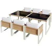 OKWISH Tuinset 170 x 80 x 75 cm - 6-Persoons Eettafel Met 6 Stoelen En Kussens - Voor Terras En Tuin - Polyrattan En Glas - Bruin Wit