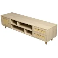 OKWISH Televisieaccessoires - TV meubel met 2 lades en 1 deur - Stil scharnier, premium rattan - Voor woonkamer en eetkamer - 160x39x40,5 cm - Spaanplaat - Naturel