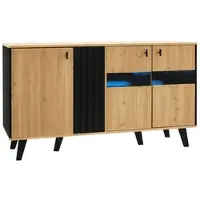 OKWISH Dressoir – 140×78,5×41 cm – 3 deuren – Met LED-verlichting – Opbergruimte met ingebouwde planken – Moderne rustieke stijl – Spaanplaat Bruin+Zwart