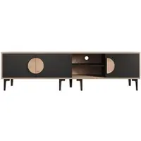 OKWISH TV-Meubel – 180×35×49 cm – 3 Deuren – 2 Open Vakken – Natuurhouten Look Met Zwarte Deuren – Spaanplaat Zwart+Bruin – Geschikt Voor 80 Inch TV