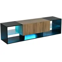 OKWISH TV-Meubel – 3 Niveaus – 2 Lades – Met Dimbare LED En Afstandsbediening – Modern Met Opbergruimte – Spaanplaat Zwart+Natural – 160x40x42 cm – Draagkracht 40 kg
