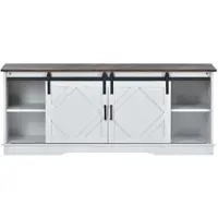 OKWISH TV-Meubel – Boerderij Serie – 2 Schuifdeuren – 3 Verstelbare Planken – Veel Opbergruimte – Spaanplaat Wit+Bruin – 150x40x60 cm – Geschikt Voor 65 Inch TV – 80 kg Draagkracht