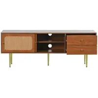 OKWISH TV-kast - Houten TV-meubel met 2 Rattan schuifdeuren, 2 lades en 4 opbergvakken - Verstelbare platen en kabelmanagement - Voor woonkamer, eetkamer en slaapkamer - 160x40x60 cm - MDF - Bruin