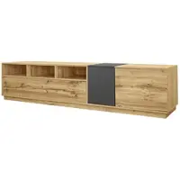 OKWISH TV meubel - TV-kast met grijs-houten oppervlak en kabelopeningen - Veel opbergruimte - Voor de woonkamer - 200x45x45 cm - Spaanplaat - Naturel