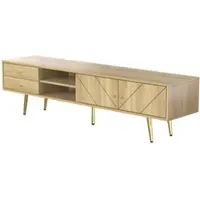 OKWISH Tv-Meubel - Met Schuine Ribbeldeuren - 160x36x42 Cm - 2 Lades 2 Deuren 2 Open Vakken - MDF En Spaanplaat Houtkleur