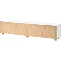 OKWISH Lage TV-kast met vier deuren en veel opbergruimte, moderne TV-tafel met een gebogen reliëfdesign, metalen poten, natuurlijke afwerking