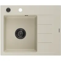 Mexen Ben granit gootsteen 1-komerig met afdruiprek, links 600 x 500 , beige, zwarte sifon - 6522605000-69-B