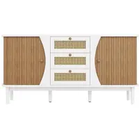 OKWISH Dressoir – 3 Rotan Lades – Verstelbare Planken – Rustieke Moderne Stijl Met Houten Deuren – MDF Wit+Bruin – 140,5×40×76 cm