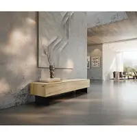 DELIFE Tv-meubel Cuor 150 cm Keramiek Laminam Sabbia Eiken gekleurd 1 Flap 1 Lade Zwevende voet look Metaal Zwart