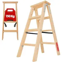 Kadax Houten ladder, ladder van hout, schilderladder, staande ladder, vouwladder, huishoudladder, vouwladder, dubbele trap ladder met stalen haken (4 treden)