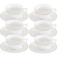 Wilmax England - Koffiekopje en Schotel met Gouden Lijnen - 90 ml - Wit - Set van 6